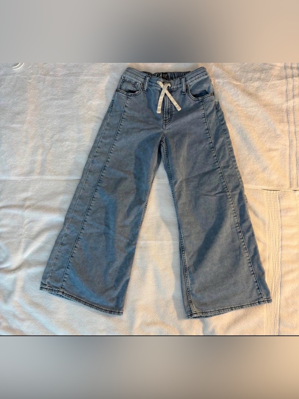 Girls sz L Gap Kids Drawstring elastic waist Light Blue denim wide leg jeans